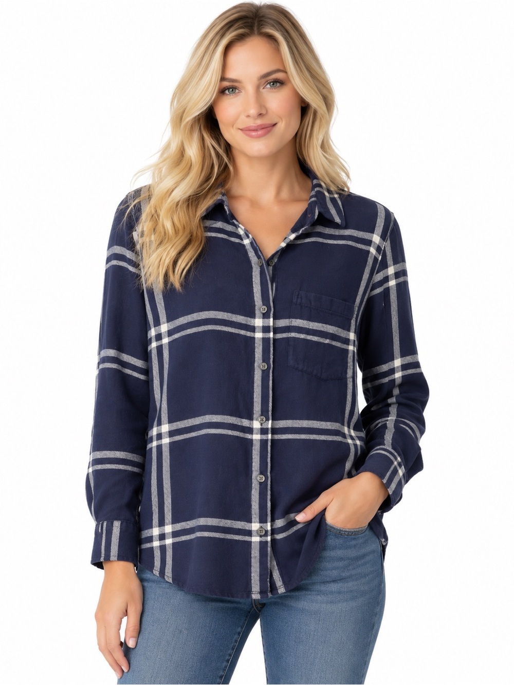 Old Navy Navy and White Plaid Button-Front Shirt